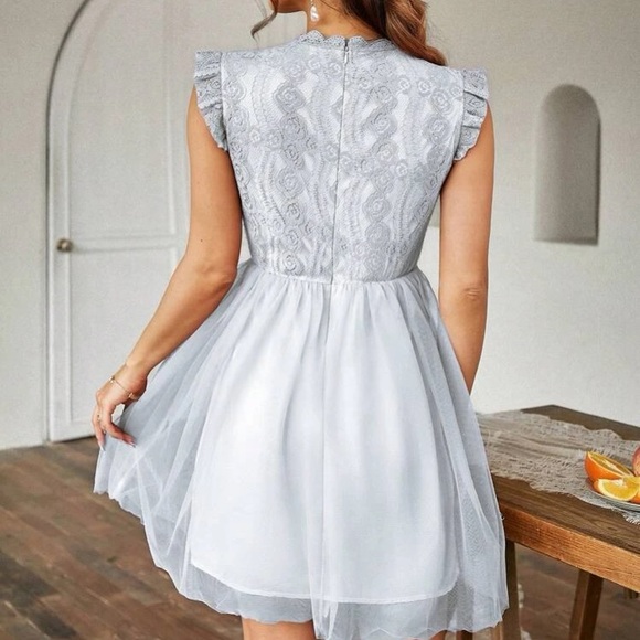 Boho baby blue lace insert mesh ruffle hem mini dress - Picture 3 of 4